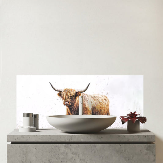 Highland Cow Watercolour Glass Bathroom Splashback