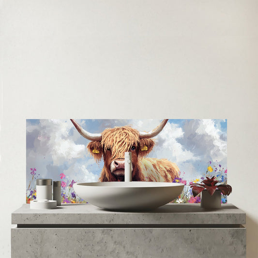 Highland Cow In A Summer Meadow Glass Bathroom Splashback