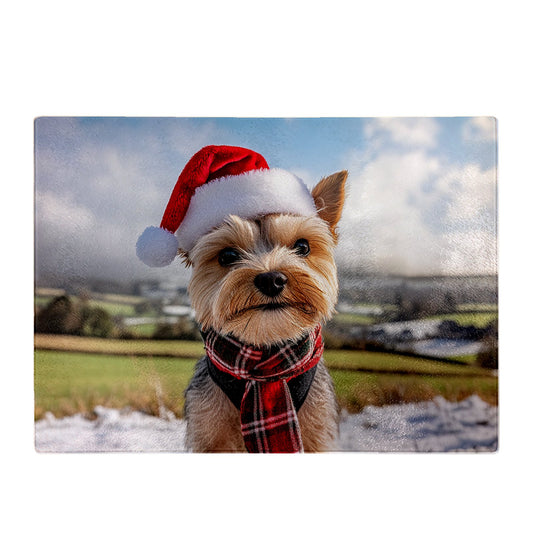 Snowy Christmas Yorkshire Terrier Glass Chopping Board