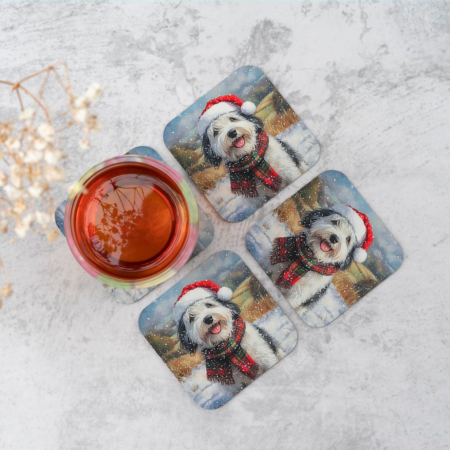 Snowy Christmas Old English Sheepdog Coasters