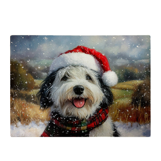 Snowy Christmas Old English Sheepdog Glass Chopping Board