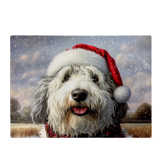 Christmas Old English Sheepdog Glass Chopping Board