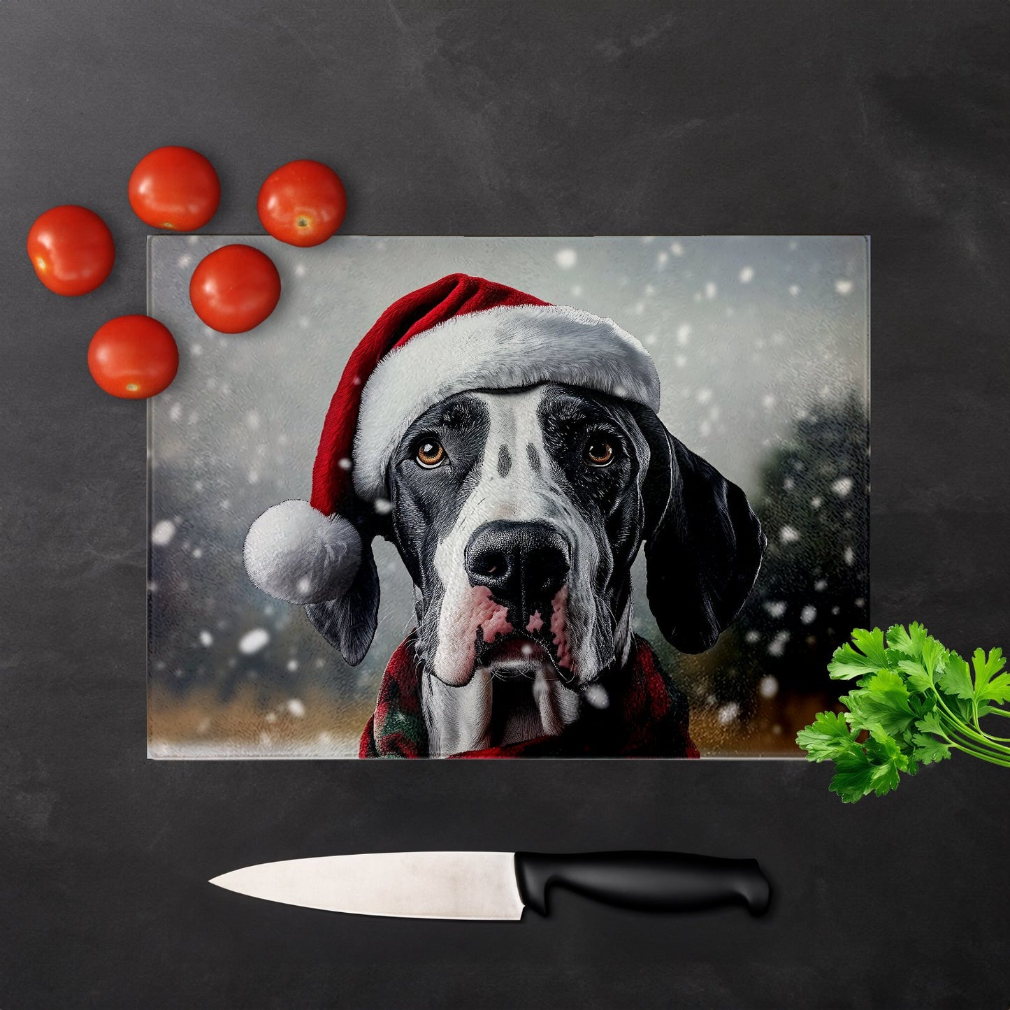 Snowy Christmas Great Dane Glass Chopping Board