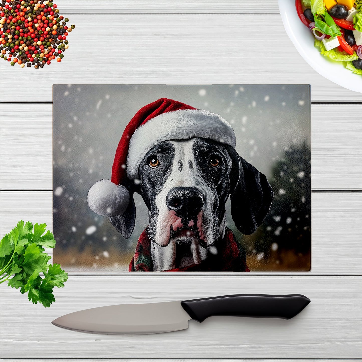 Snowy Christmas Great Dane Glass Chopping Board