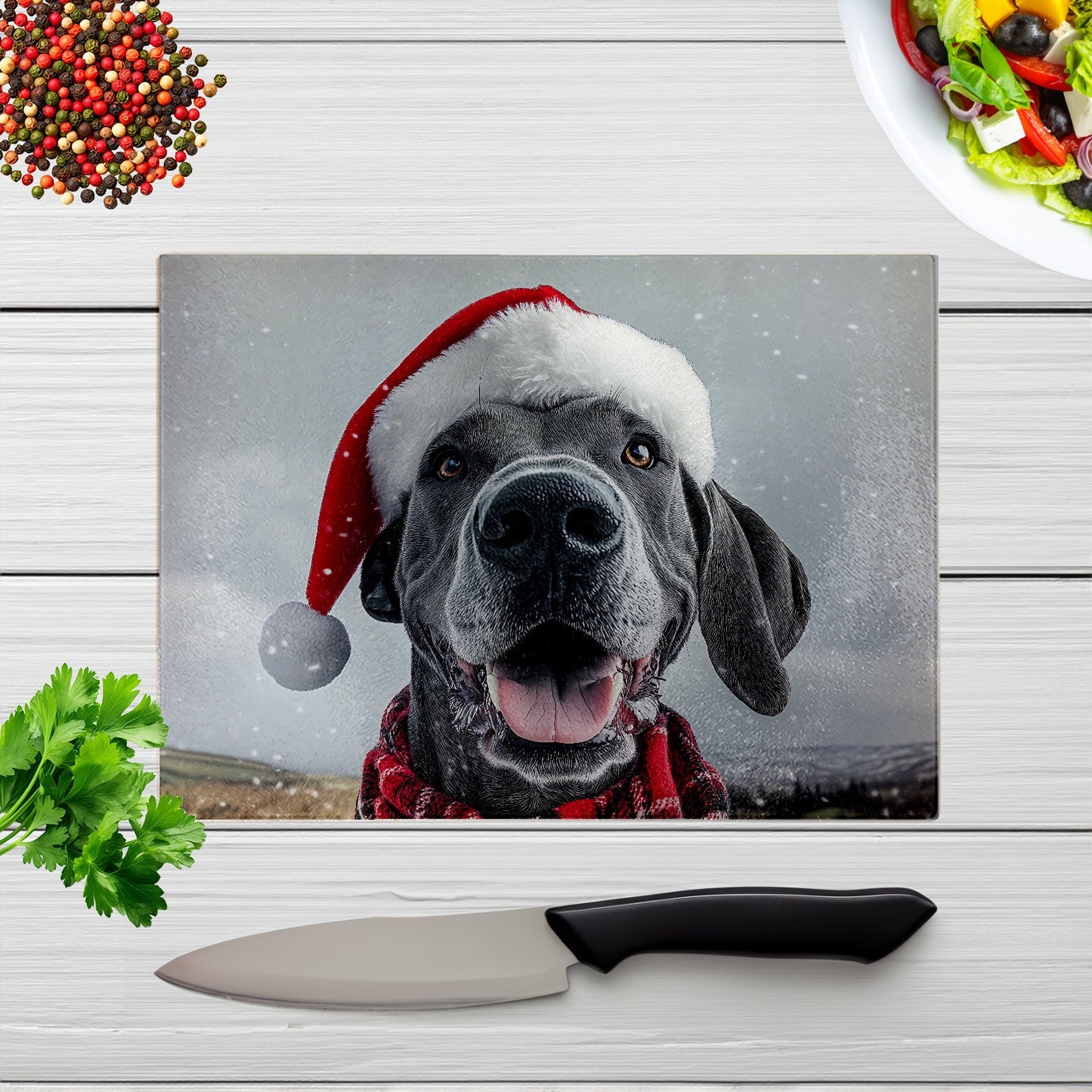 Christmas Great Dane Glass Chopping Board