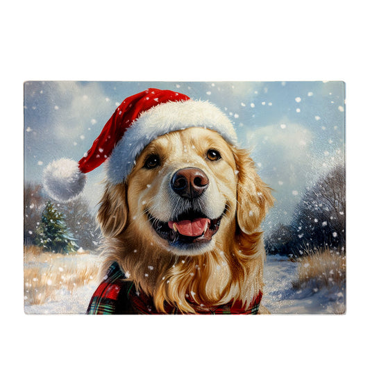 Snowy Christmas Golden Retriever Glass Chopping Board