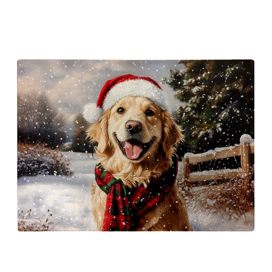 Christmas Golden Retriever Glass Chopping Board