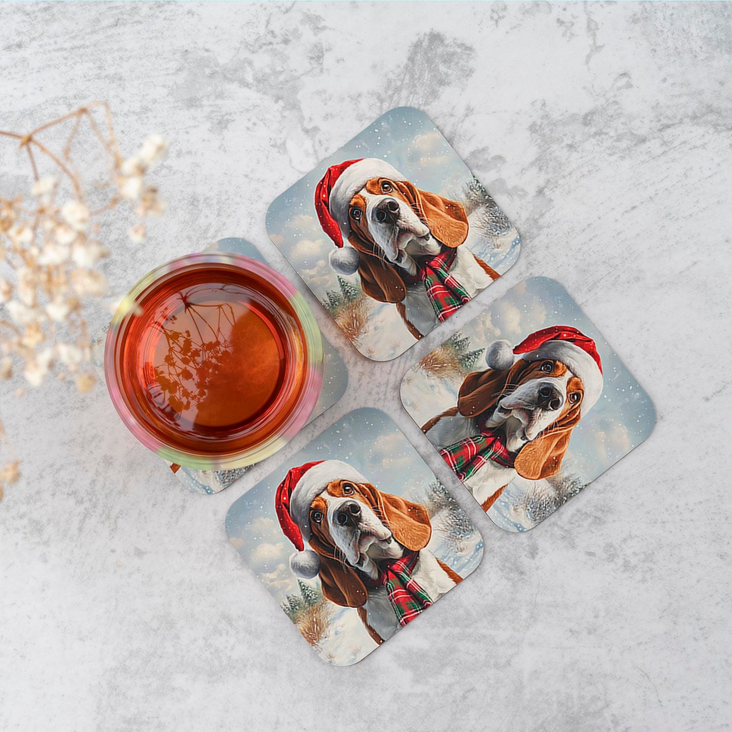 Snowy Christmas Bassett Hound Coasters