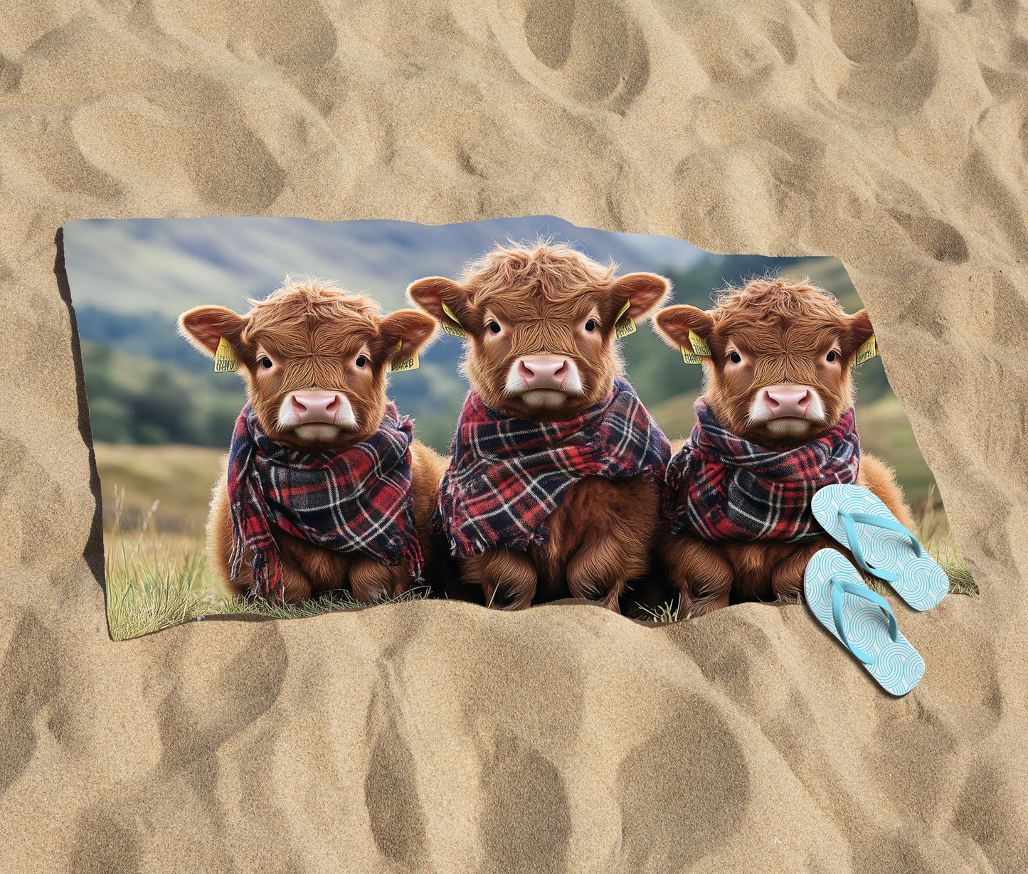 Trio Of Baby Highland Cows Beach Towel