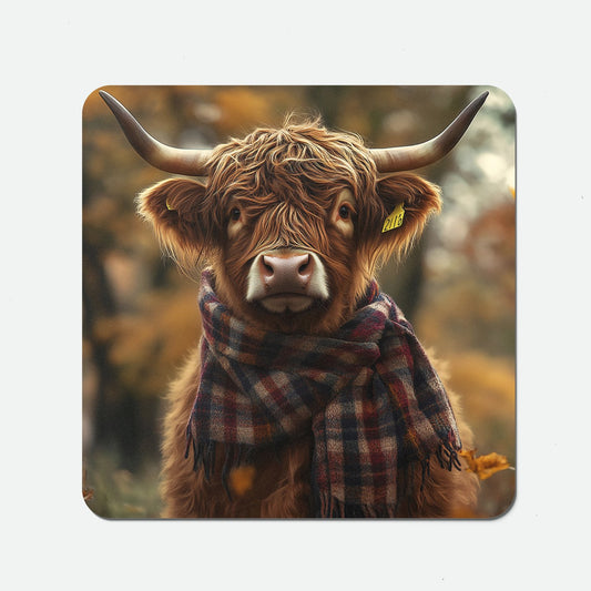 Highland Cow Wearing Scarf Coasters