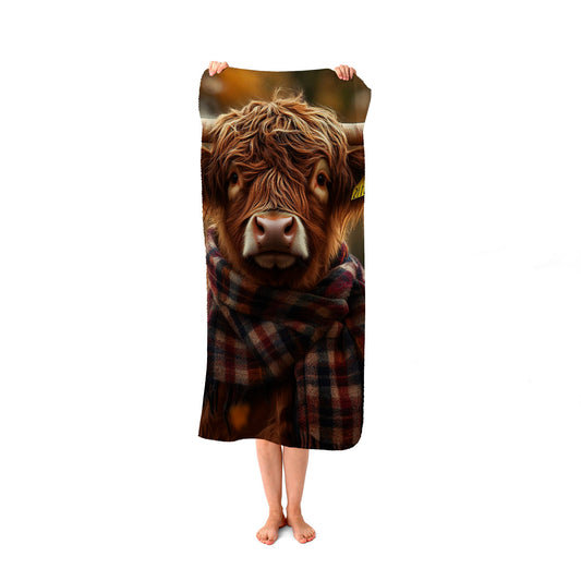 Highland Cow Wearing Scarf Beach Towel