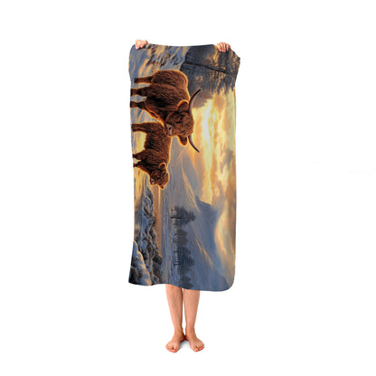 Highland Cows By The Lake Beach Towel