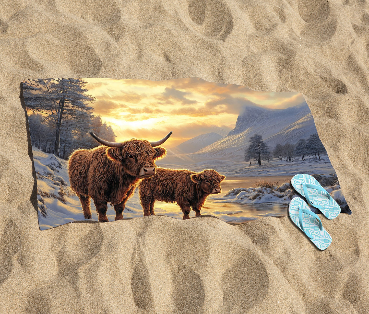 Highland Cows By The Lake Beach Towel