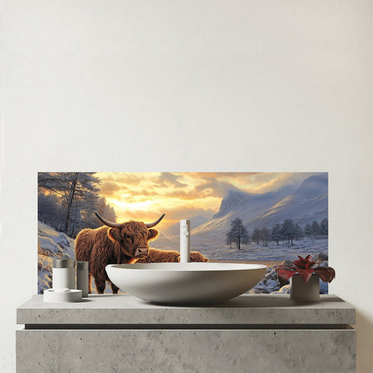 Highland Cows By The Lake Glass Bathroom Splashback