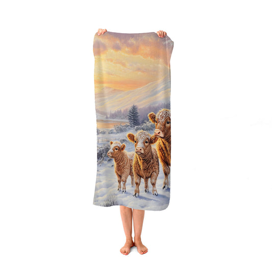 Family Of Highland Cows Beach Towel