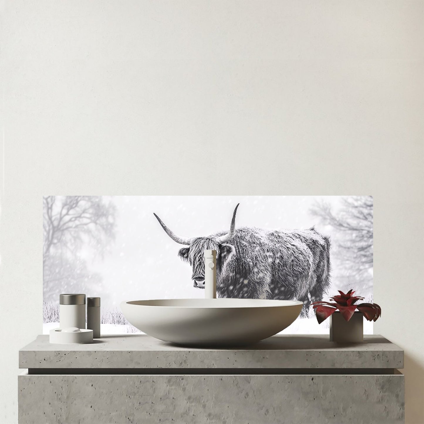 Snowy Black And White Highland Cow Glass Bathroom Splashback