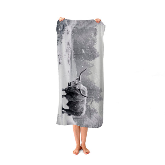 Snow Storm Highland Cow Beach Towel