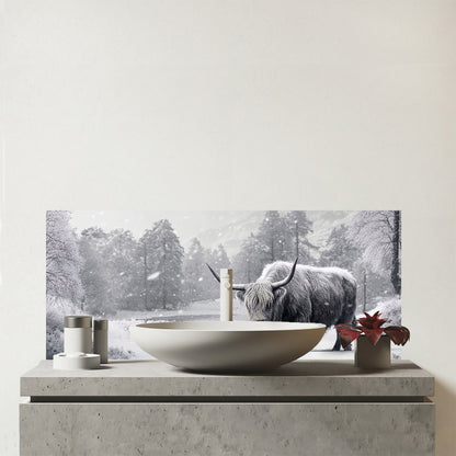 Snow Storm Highland Cow Glass Bathroom Splashback