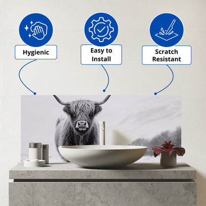 Lone Highland Cow Glass Bathroom Splashback