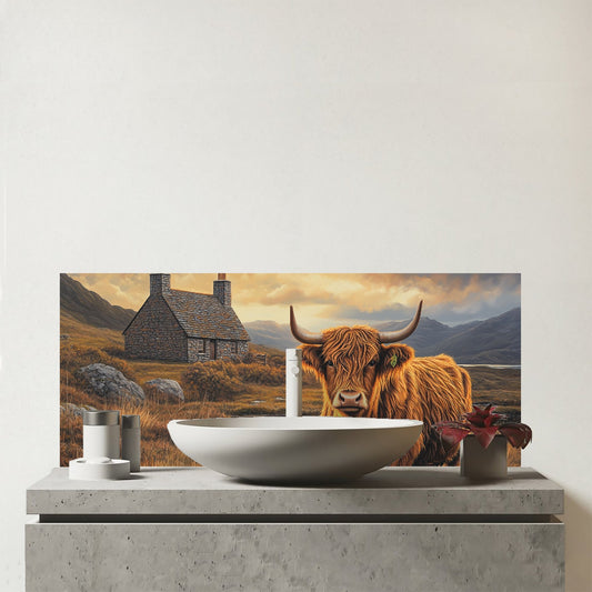 Highland Cow And A Cottage Glass Bathroom Splashback