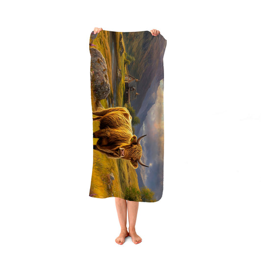 Springtime Highland Cow Beach Towel