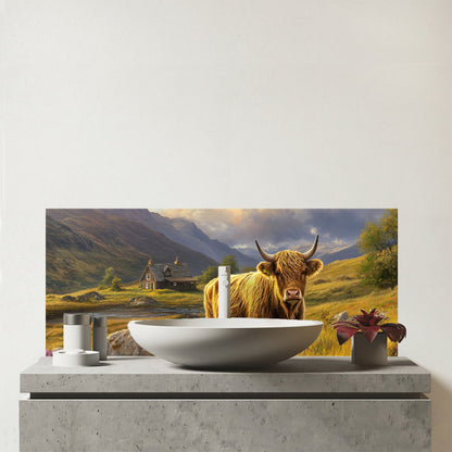 Springtime Highland Cow Glass Bathroom Splashback