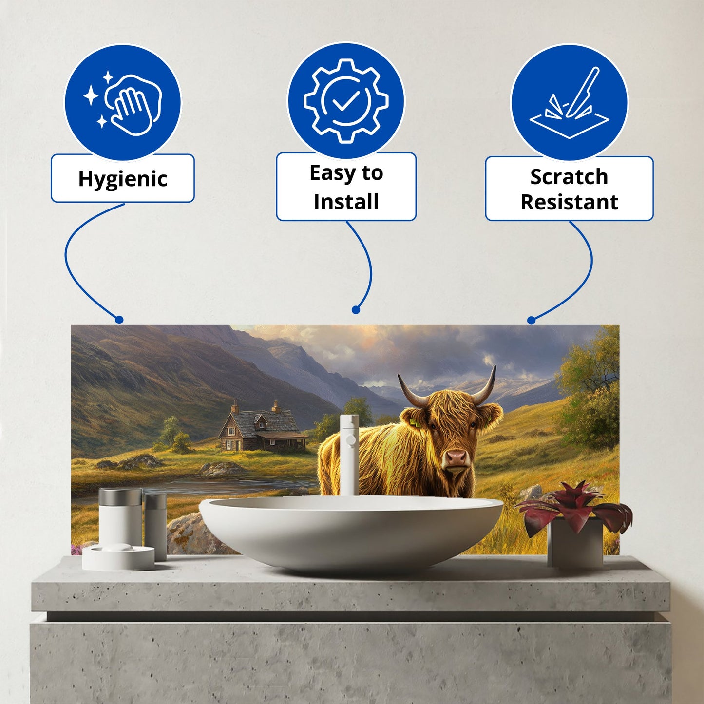 Springtime Highland Cow Glass Bathroom Splashback