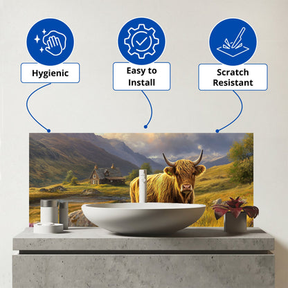 Springtime Highland Cow Glass Bathroom Splashback