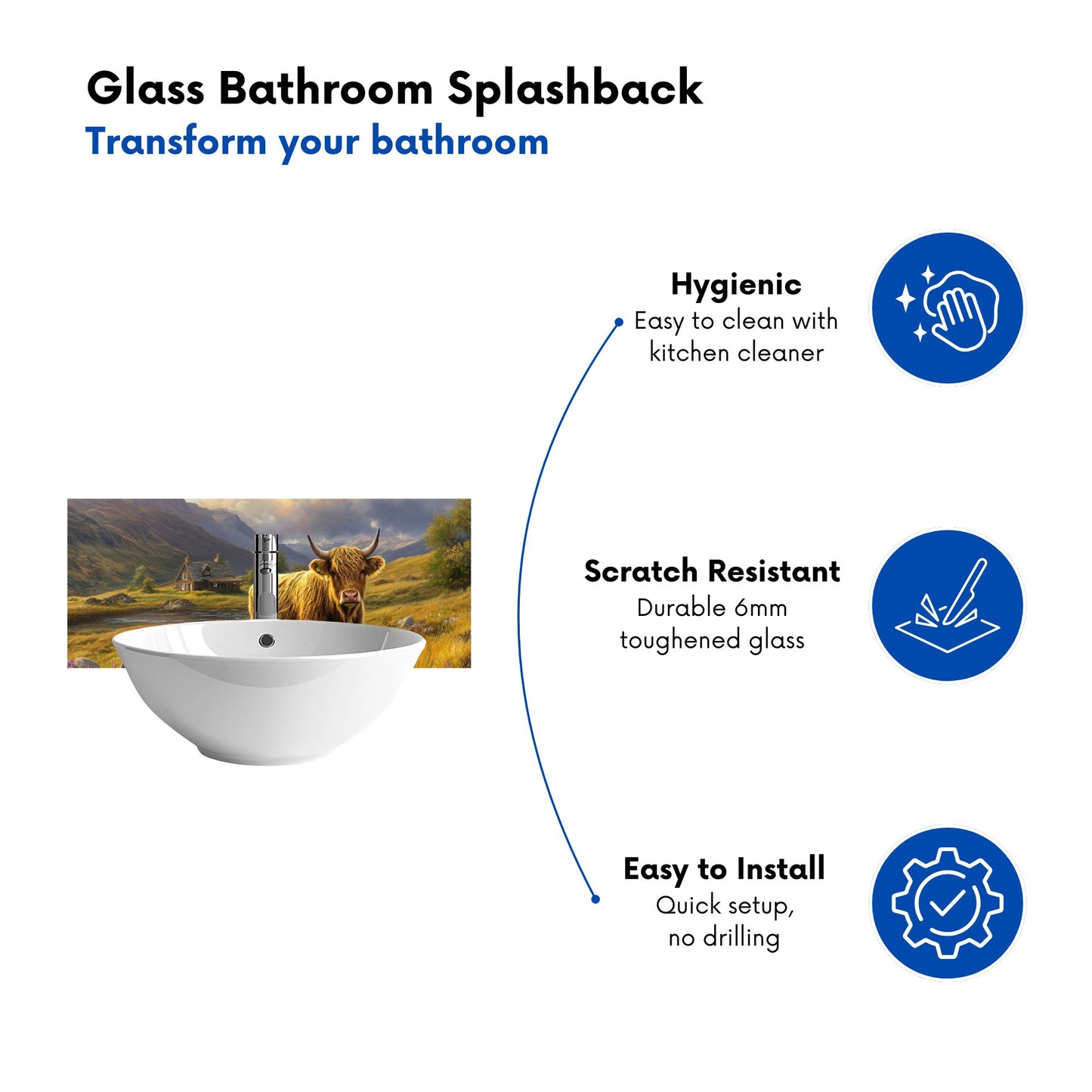 Springtime Highland Cow Glass Bathroom Splashback