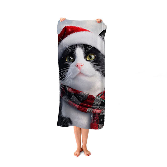 Christmas Black Cat Beach Towel