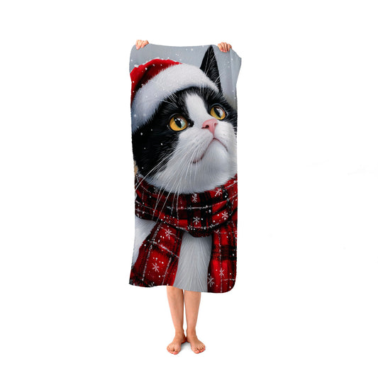 Snowy Christmas Black Cat Beach Towel