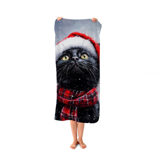 Black Snowy Christmas Cat Beach Towel