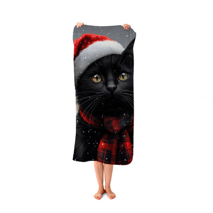 Black Christmas Cat Beach Towel