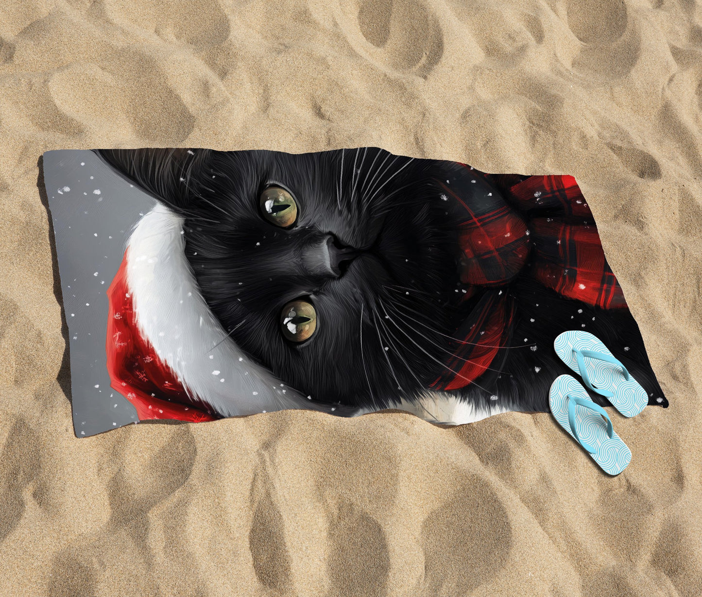 Black Christmas Cat Beach Towel