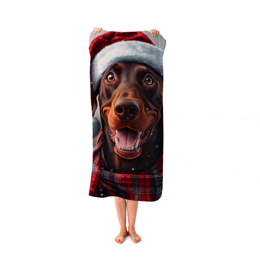 Snowy Christmas Brown Doberman Beach Towel