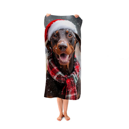 Snowy Christmas Brown Doberman Dog Beach Towel