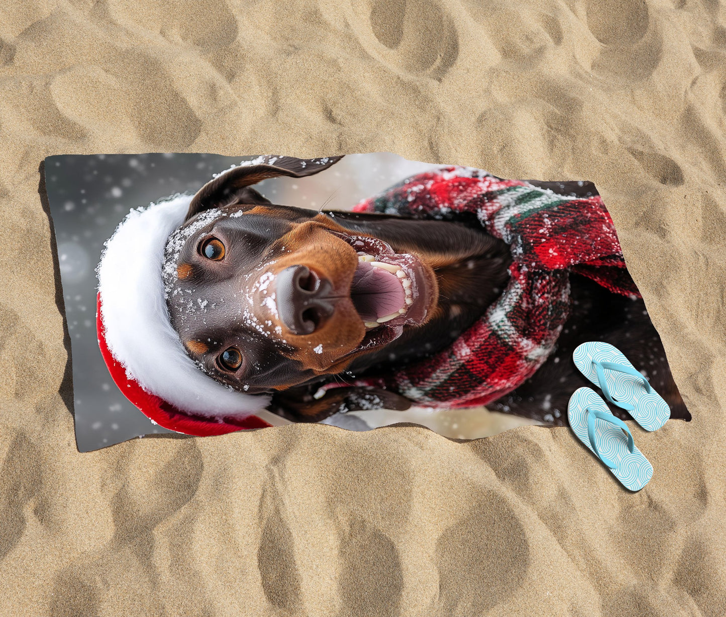 Snowy Christmas Brown Doberman Dog Beach Towel