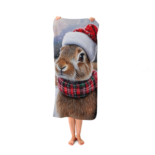 Snowy Christmas Brown Rabbit Beach Towel