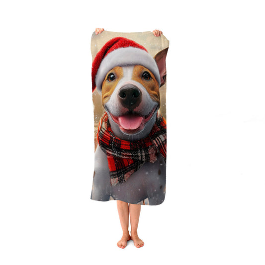 Snowy Christmas English Bull Terrier Dog Beach Towel