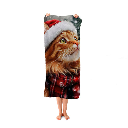 Snowy Christmas Ginger Cat Beach Towel