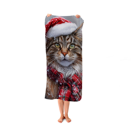 Snowy Christmas Maine Coon Cat Beach Towel