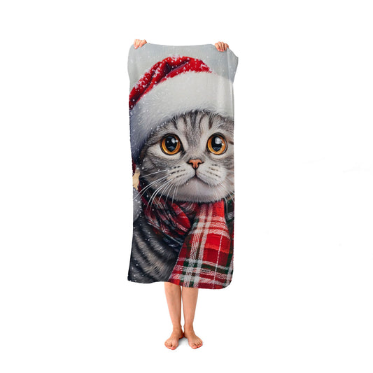 Snowy Christmas Scottish Fold Cat Beach Towel