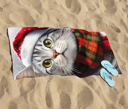 Snowy Christmas Silver Tabby Beach Towel