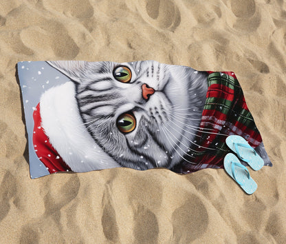 Christmas Silver Tabby Beach Towel