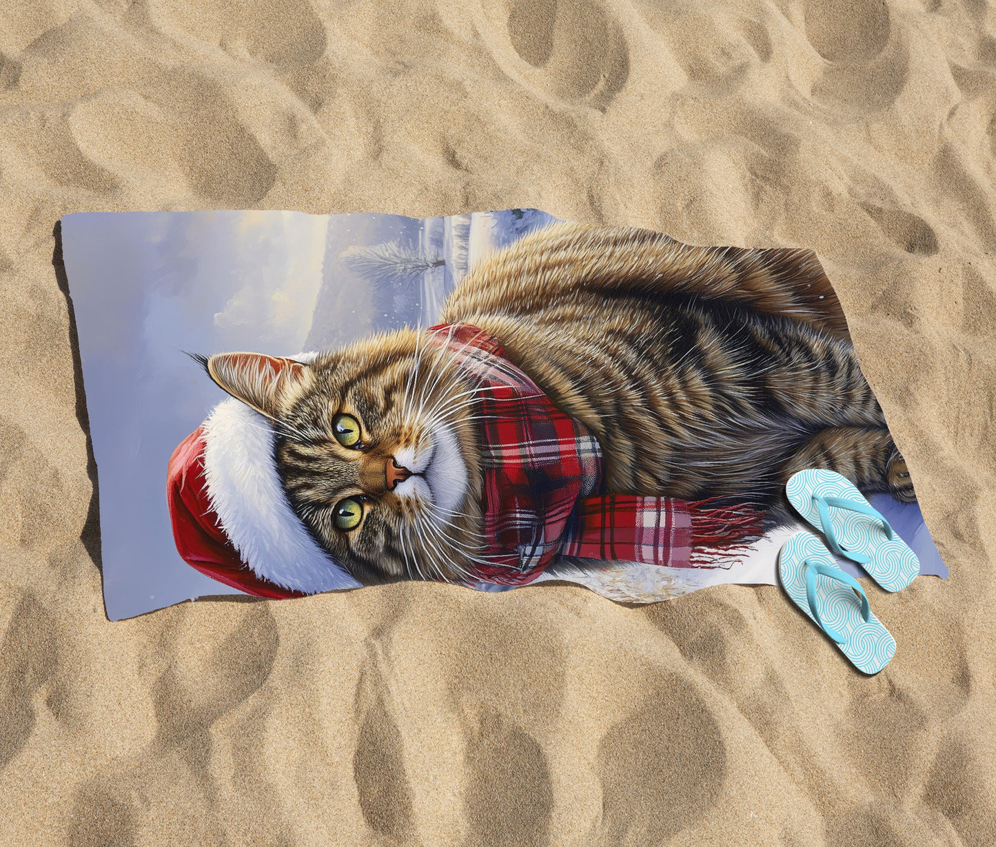 Christmas Tabby Cat Beach Towel