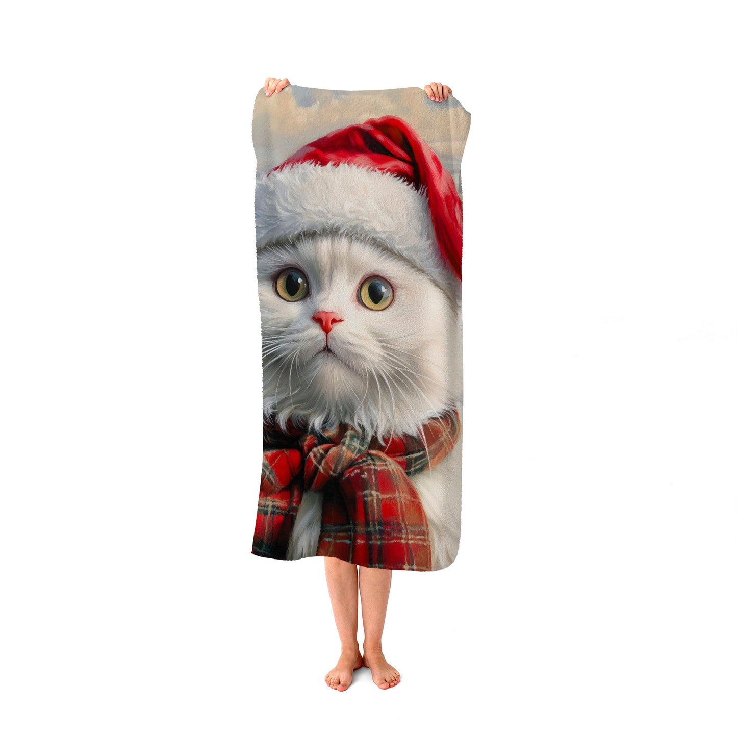 Christmas White Cat Beach Towel