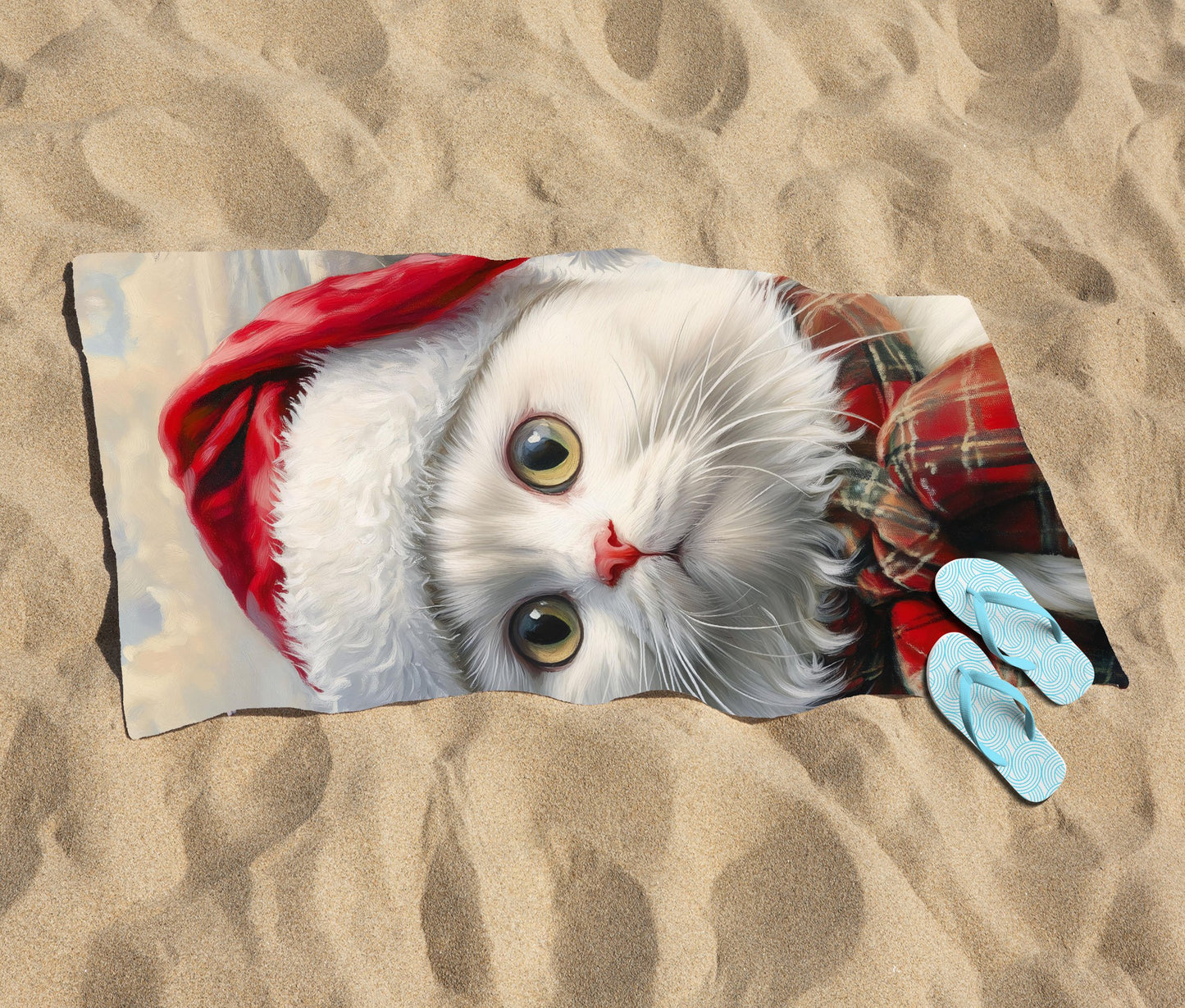 Christmas White Cat Beach Towel