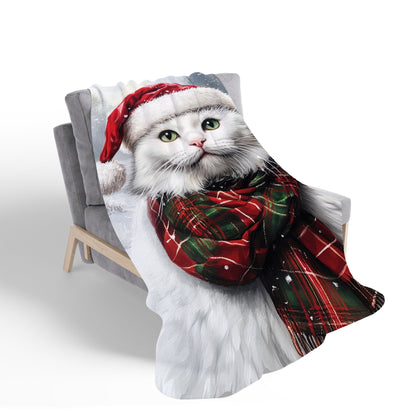 Snowy Christmas White Cat Sherpa Blanket