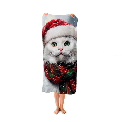 Snowy Christmas White Cat Beach Towel