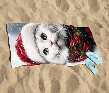 Snowy Christmas White Cat Beach Towel